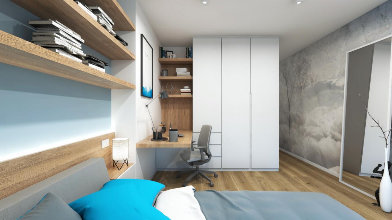 Nowoczesna sypialnia z miejscem do pracy: biurko z szarą krzesłem, drewniane półki z książkami, biała szafa, łóżko z niebieską pościelą i dekoracyjna ściana imitująca chmury.
