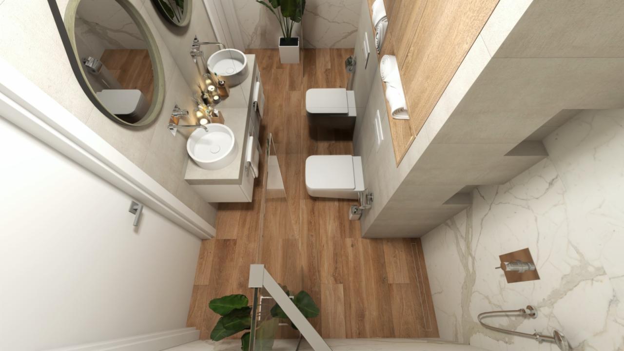 Wnętrze łazienki z dwoma umywalkami nablatowymi, drewnianą podłogą i marmurowymi ścianami, widok z góry.