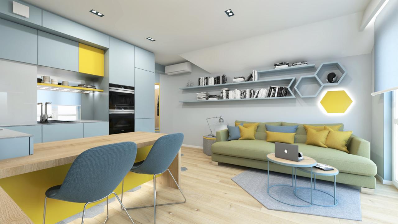 Wnętrze mieszkania w stylu nowoczesnym z otwartą kuchnią, niebieskimi szafkami i żółtymi akcentami, drewnianym stołem i zieloną sofą z dekoracyjnymi poduszkami, półkami na książki i heksagonalną...