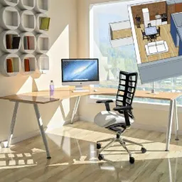 Wizualizacja biura domowego z drewnianym biurkiem narożnym, ergonomicznym krzesłem biurowym, komputerem iMac i półkami w kształcie okręgów na ścianie, z rzutami 3D mieszkania unoszącymi się przed...