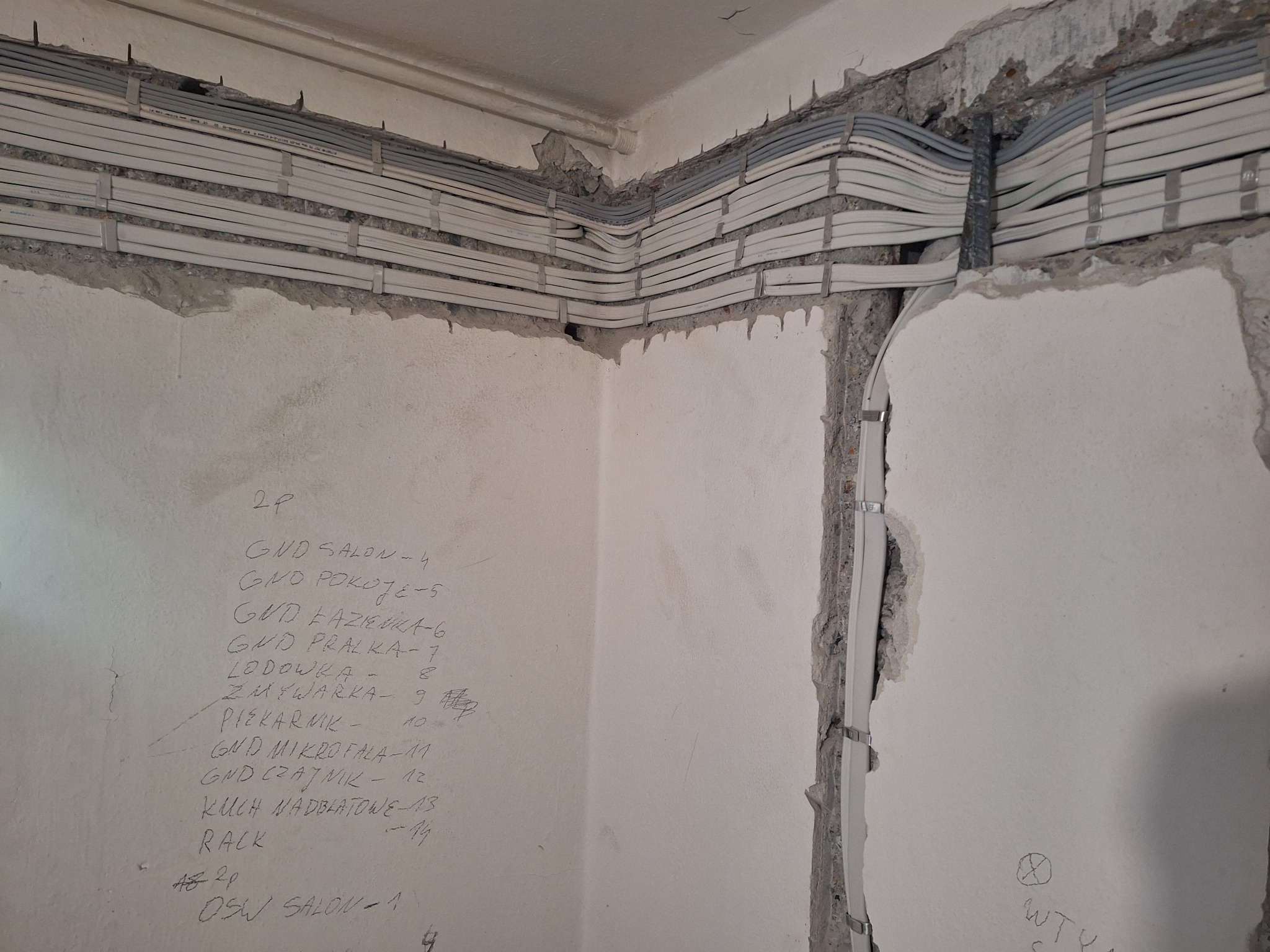 Wiązka kabli elektrycznych ułożona w korytach na ścianie w surowym stanie, z widocznymi zapiskami ołówkiem na ścianie dotyczącymi obwodów i pomieszczeń.