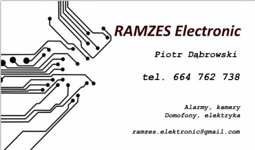 Wizytówka firmy RAMZES Electronic, Piotr Dąbrowski, telefon 664 762 738, alarmy, kamery, domofony, elektryka, ramzes.elektronic@gmail.com, z graficznym elementem obwodu drukowanego.