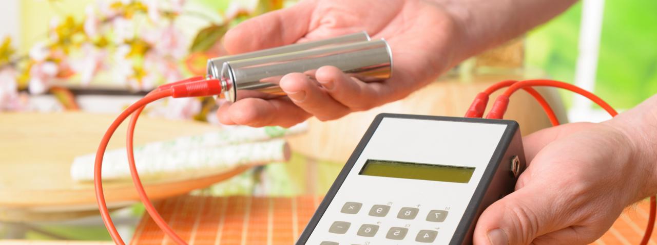 Dwie metalowe elektrody podłączone czerwonymi przewodami do urządzenia diagnostycznego trzymane w dłoniach, na tle jasnego wnętrza z kwiatami.