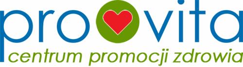 Logo firmy 'provita centrum promocji zdrowia' z czerwonym sercem w zielonym okręgu, używające niebieskiej i zielonej kolorystyki.