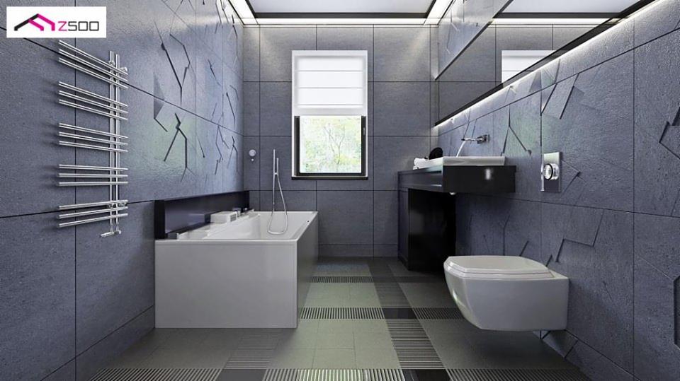 Nowoczesna łazienka z szarymi płytkami o fakturze geometrycznej, podwieszaną toaletą i grzejnikiem drabinkowym, oświetlona listwami LED.