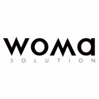 Czarne logo firmy Woma Solution na białym tle.