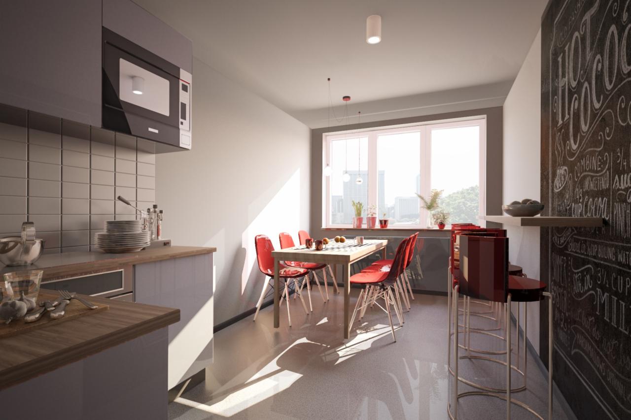 Jasna kuchnia z czerwonymi krzesłami przy stole i tablicą kredową z przepisem na gorącą czekoladę na ścianie.