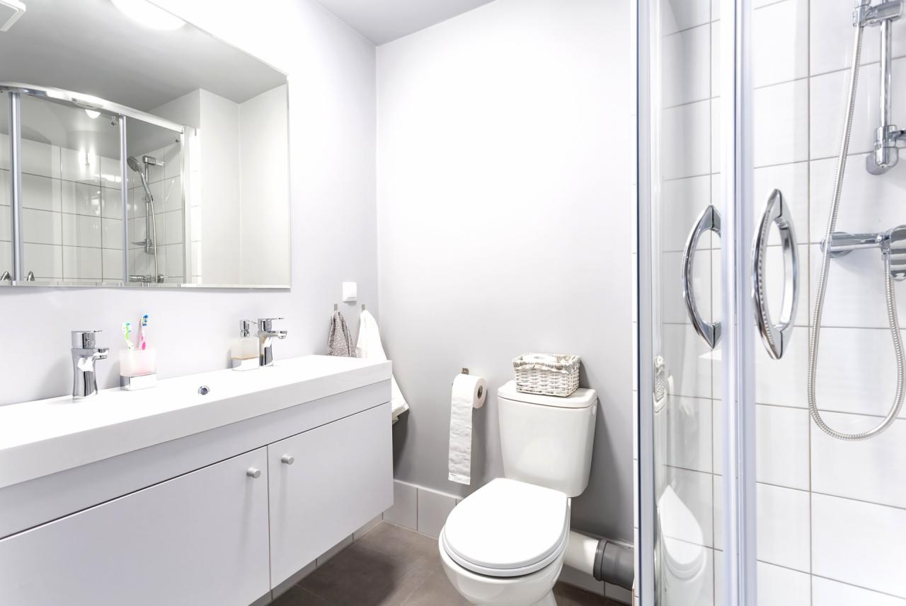 Jasna łazienka z podwójną umywalką, kabiną prysznicową z chromowanymi uchwytami i toaletą z koszykiem na pokrywie.