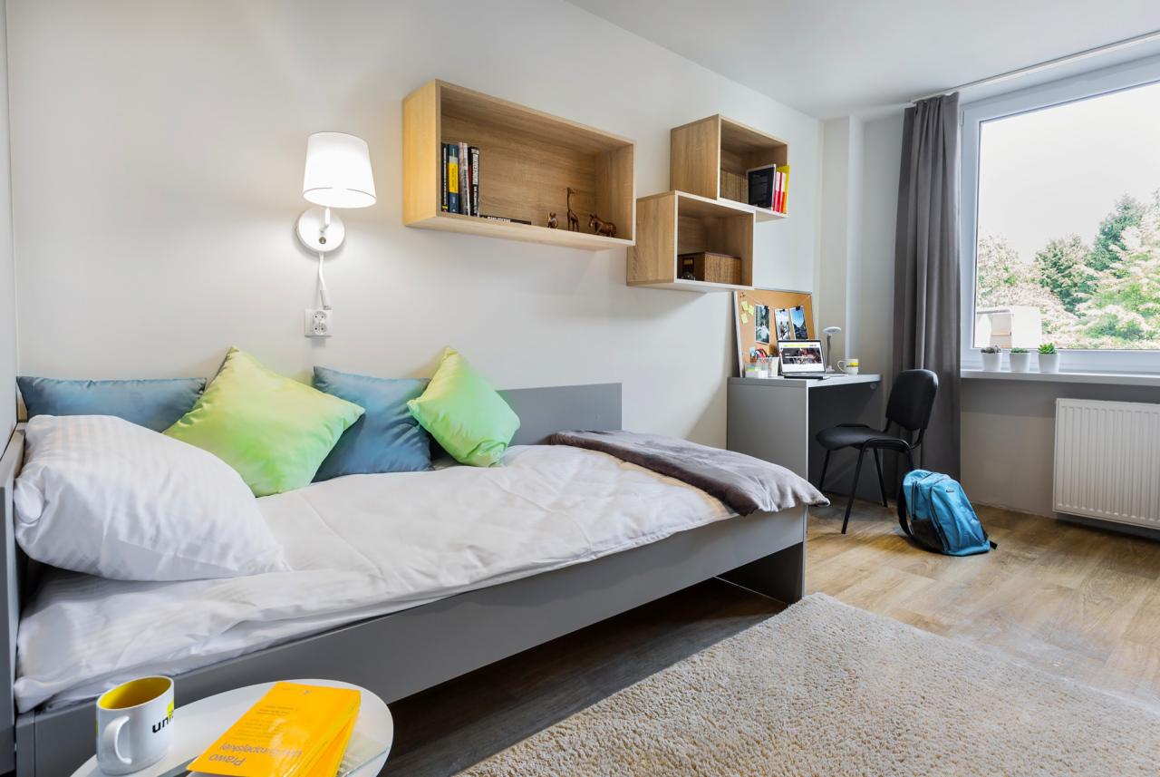 Pokój studencki z szarym łóżkiem, biurkiem, wiszącymi półkami i widokiem na drzewa za oknem.