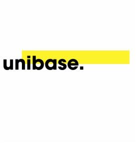 Czarne logo 'unibase' z żółtym prostokątem na białym tle.