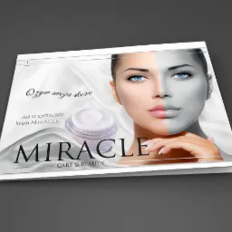 Dwustronicowa broszura reklamowa kremu Miracle z efektem przed i po, prezentująca odżywioną skórę modelki po lewej stronie i szarą, pozbawioną blasku po prawej stronie twarzy.