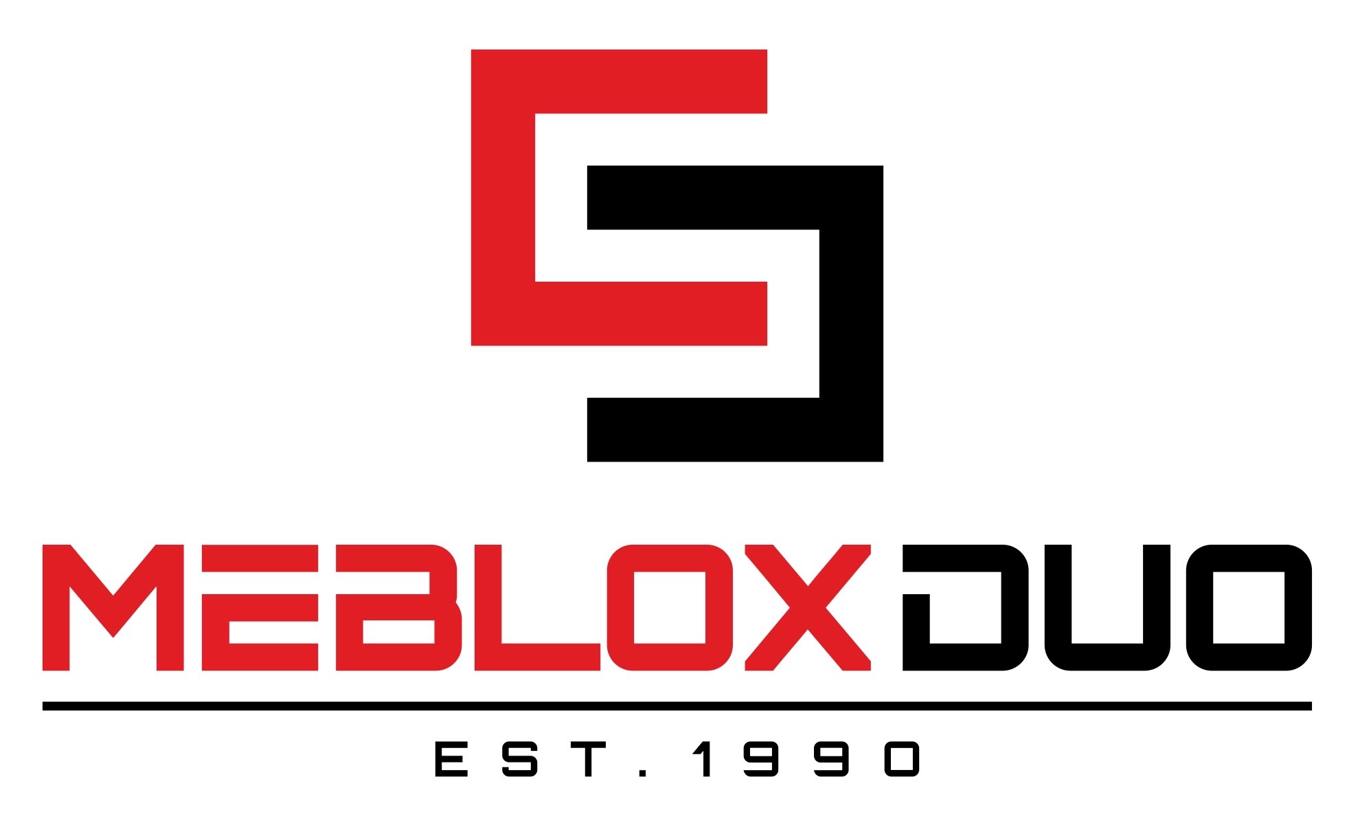 Logo firmy meblarskiej Meblox Duo, z abstrakcyjnym symbolem w kolorze czerwonym i czarnym oraz rokiem założenia 1990.