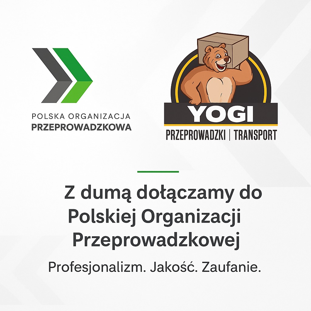 Grafika z logo firmy Yogi Przeprowadzki i Transport oraz Polskiej Organizacji Przeprowadzkowej, podkreślająca dołączenie firmy do organizacji.