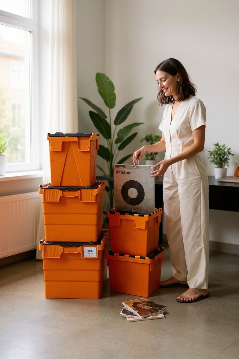 Kobieta układa płytę winylową do pomarańczowego pojemnika na stercie pudeł do przeprowadzki w jasnym pokoju z roślinami doniczkowymi.