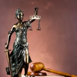 Brązowa statuetka Temidy z mieczem i wagą sprawiedliwości na biurku obok drewnianego młotka sędziowskiego, na tle ściany w odcieniach brązu.