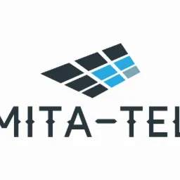 Logo firmy MITA-TEL z abstrakcyjnym motywem paneli w odcieniach szarości i błękitu, umieszczonym nad nazwą firmy.