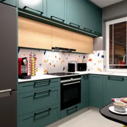 Wizualizacja kuchni z zielonymi szafkami, drewnianymi górnymi szafkami i blatem z wzorem lastryko. Na blacie ekspres do kawy i akcesoria kuchenne. Na stole filiżanka kawy i magazyn.