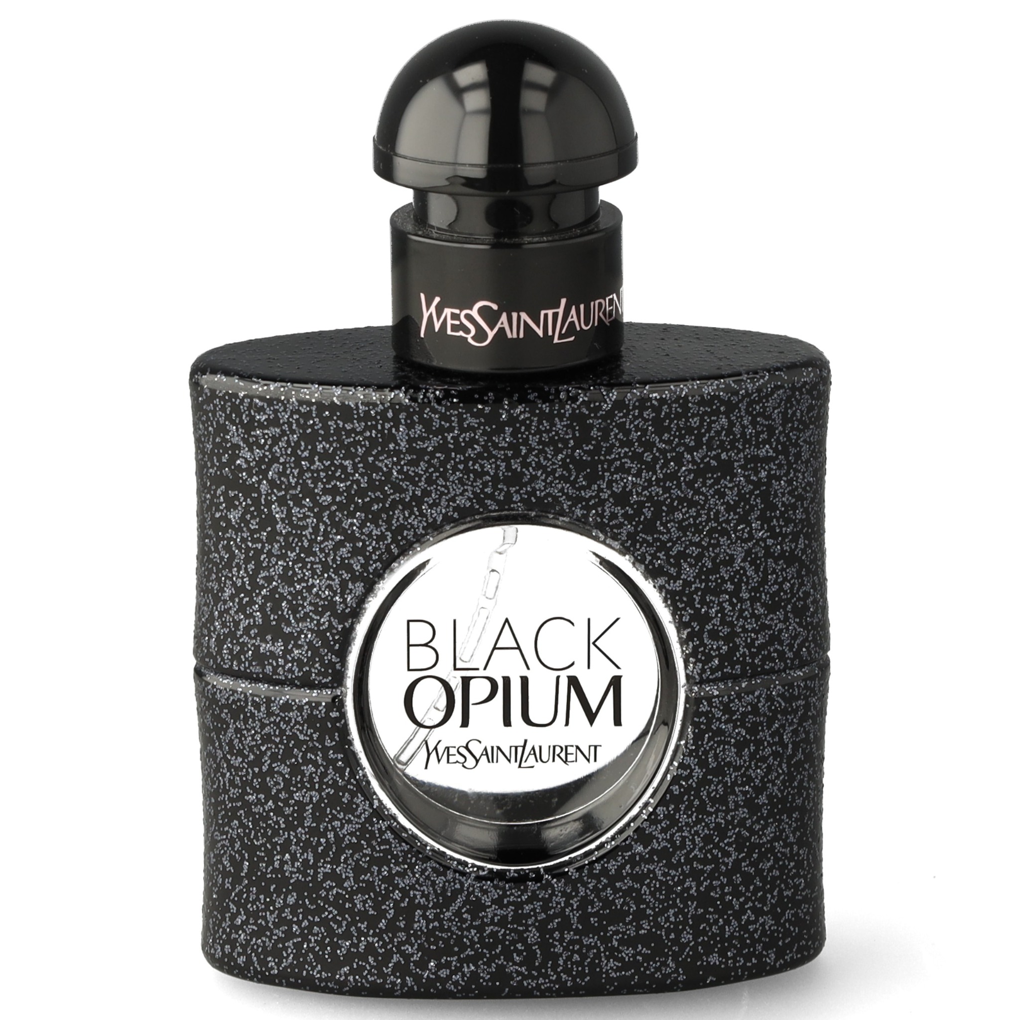 Czarny flakon perfum Black Opium Yves Saint Laurent, z metalicznym połyskiem i srebrnym logo, na białym tle. Elegancki, luksusowy produkt w zbliżeniu.
