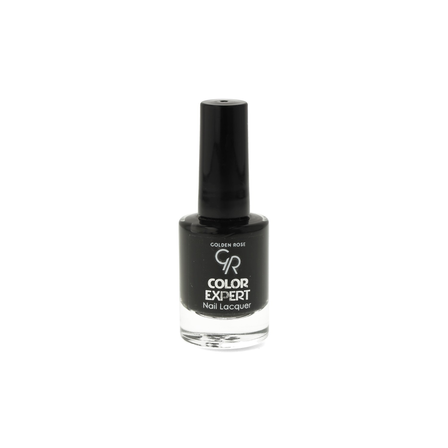 Czarny lakier do paznokci Golden Rose Color Expert na białym tle, z widocznym logo GR i napisem 'Nail Lacquer'.