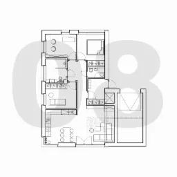 Czarno-biały plan mieszkania z meblami, widok z g&oacute;ry, z nałożoną dużą, szarą cyfrą '03'.