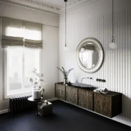 Elegancka łazienka z ciemną podłogą ułożoną w jodełkę, drewnianą szafką pod umywalką, okrągłym lustrem i minimalistycznymi lampami wiszącymi.