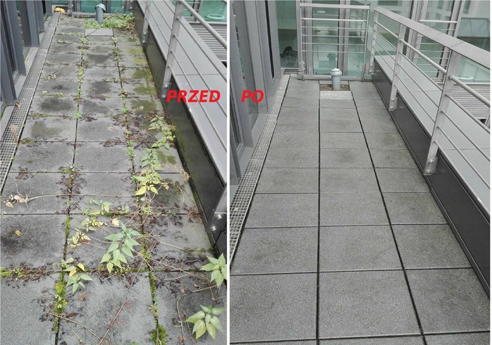 Porównanie stanu tarasu z szarych płyt betonowych przed i po usunięciu chwastów i mchu, widoczne różnice w czystości fug.