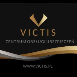 Eleganckie logo firmy Victis Centrum Obsługi Ubezpieczeń na czarnym tle z motywem diamentu i złotymi akcentami.