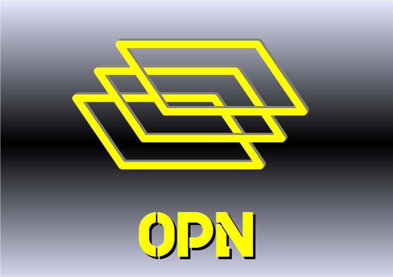 Logo firmy OPN z trzema żółtymi kwadratami w perspektywie na szarym tle.