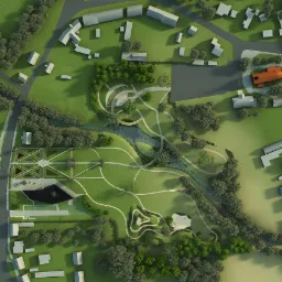 Wizualizacja z lotu ptaka zagospodarowania terenu wokół budynków, prezentująca park z alejkami, strumykiem, amfiteatrem, geometrycznym ogrodem i budynkami o różnej architekturze.