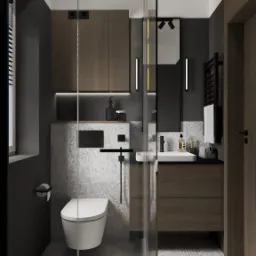 Nowoczesna łazienka z kabiną prysznicową typu walk-in, wiszącą toaletą, umywalką na szafce z drewnianymi frontami, podświetlanym lustrem i szarą kolorystyką ścian oraz podłogi z wzorem imitującym...