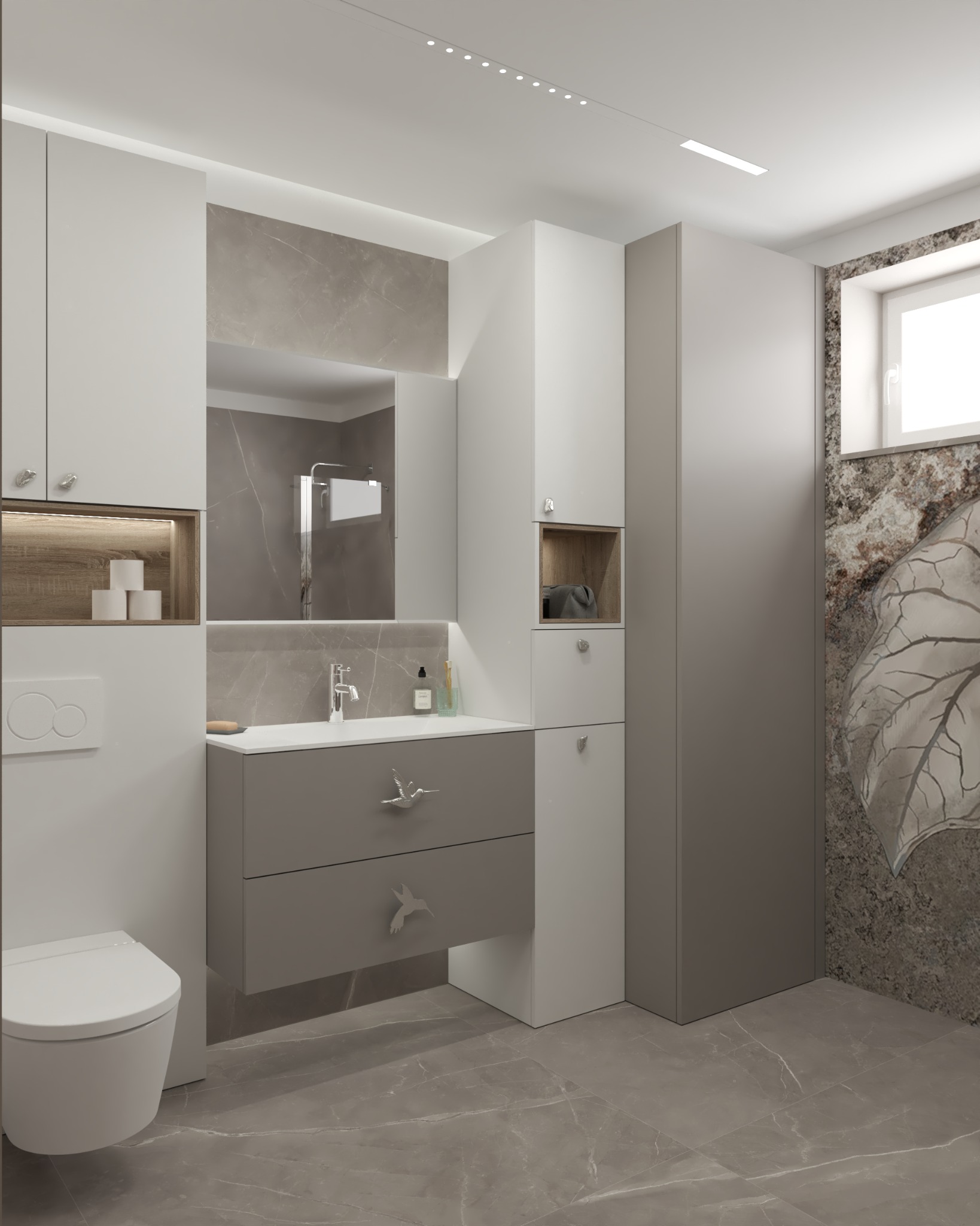 Nowoczesna łazienka w odcieniach szarości i bieli, z marmurową podłogą i ścianą z dekoracją liścia, szafka z umywalką i uchwytami w kształcie ptaków, wisząca toaleta, oświetlenie LED.