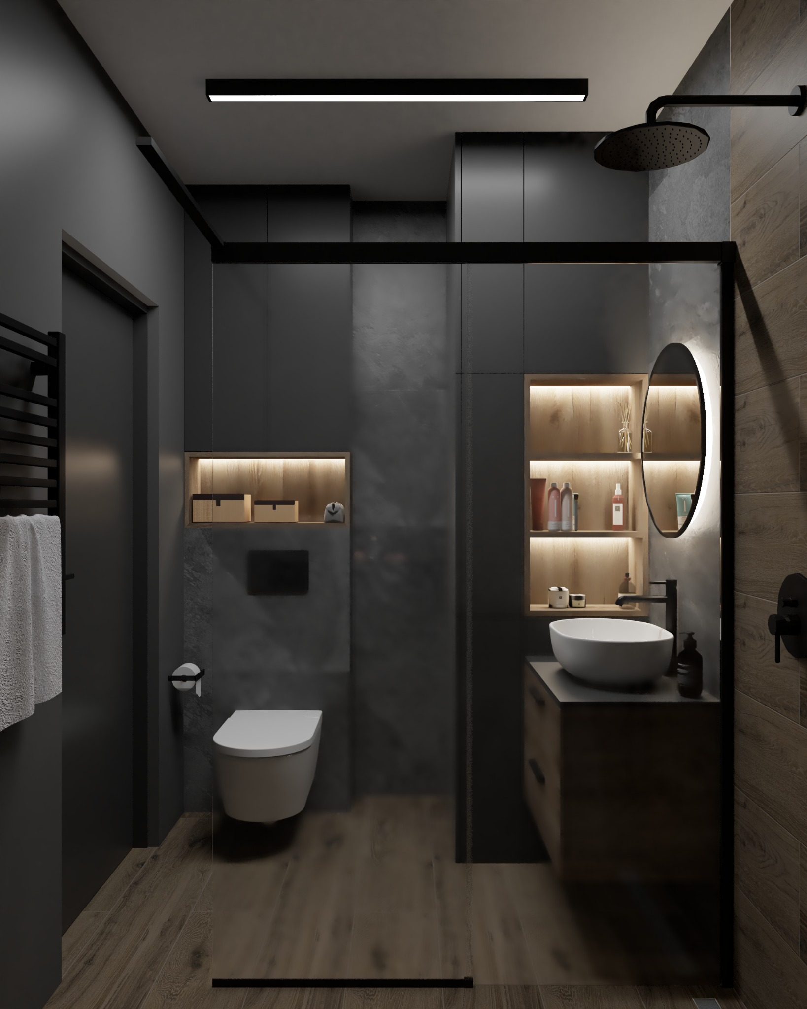 Nowoczesna łazienka w odcieniach szarości i drewna, z kabiną prysznicową typu walk-in, okrągłym lustrem z podświetleniem LED, wiszącą toaletą i drewnianą podłogą.