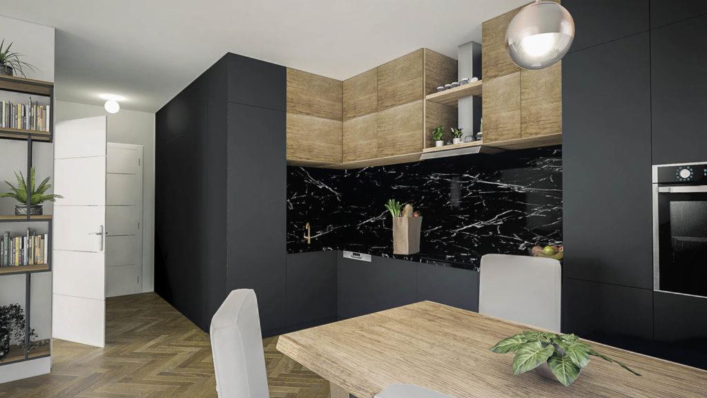 Nowoczesna kuchnia z czarnymi szafkami, marmurowym blatem i drewnianymi akcentami, uzupełniona oświetleniem wiszącym i drewnianą podłogę w jodełkę.