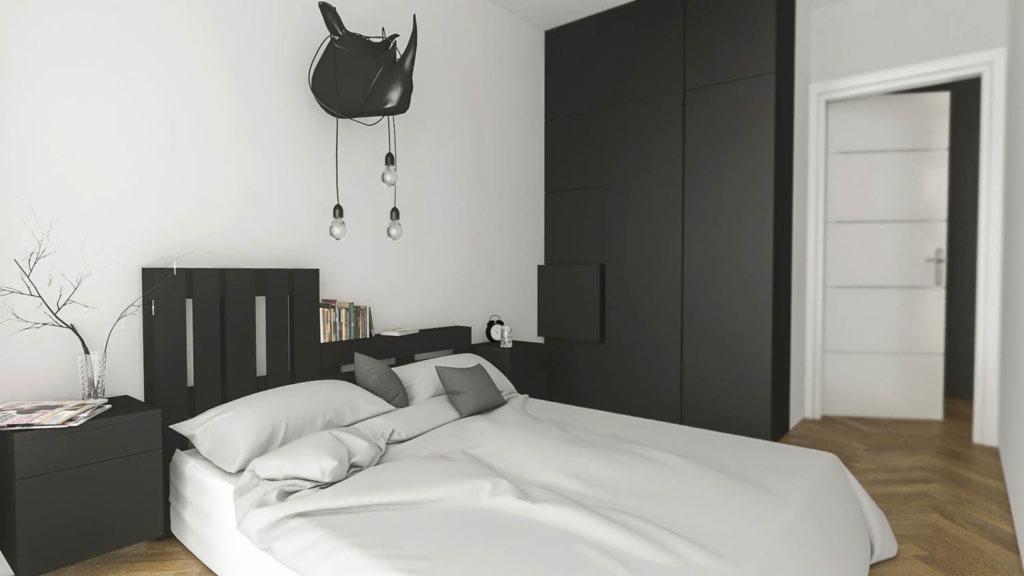 Czarno-biała sypialnia z łóżkiem, szafką nocną, szafą w zabudowie i lampą w kształcie głowy nosorożca zwisającą nad łóżkiem.