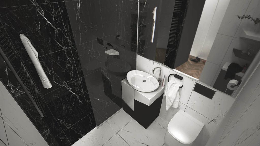 Nowoczesna łazienka z czarnymi marmurowymi płytkami, białą umywalką nablatową na czarnej szafce, toaletą i grzejnikiem drabinkowym, odbicie w lustrze ukazuje fragment podłogi w innym pomieszczeniu.