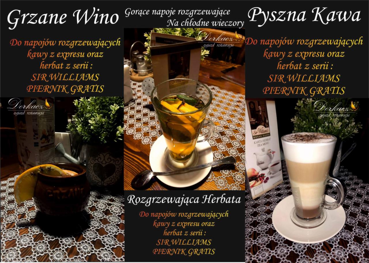 Kompozycja trzech ujęć napojów: grzane wino w glinianym naczyniu z plasterkiem pomarańczy, herbata rozgrzewająca z pomarańczą w szklance z uchwytem oraz warstwowa kawa latte w szklance, wszystkie...