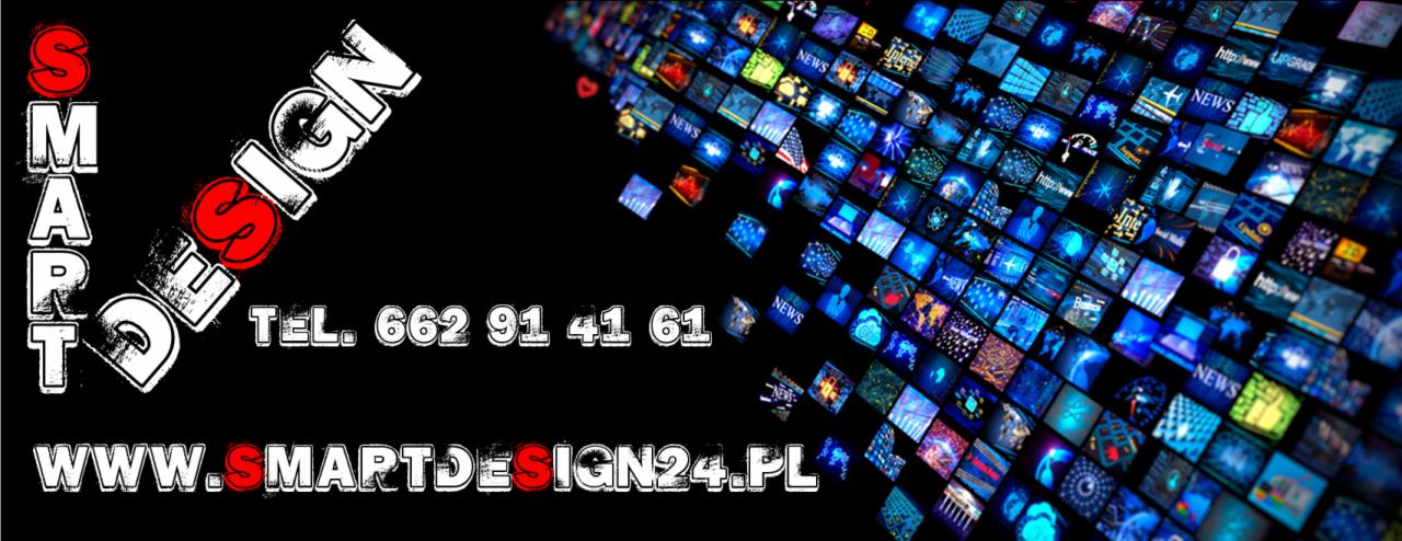 Grafika z nazwą firmy Smart Design, numerem telefonu i adresem strony internetowej na czarnym tle, z mozaiką małych ekranów wyświetlających różne obrazy i wiadomości z prawej strony.