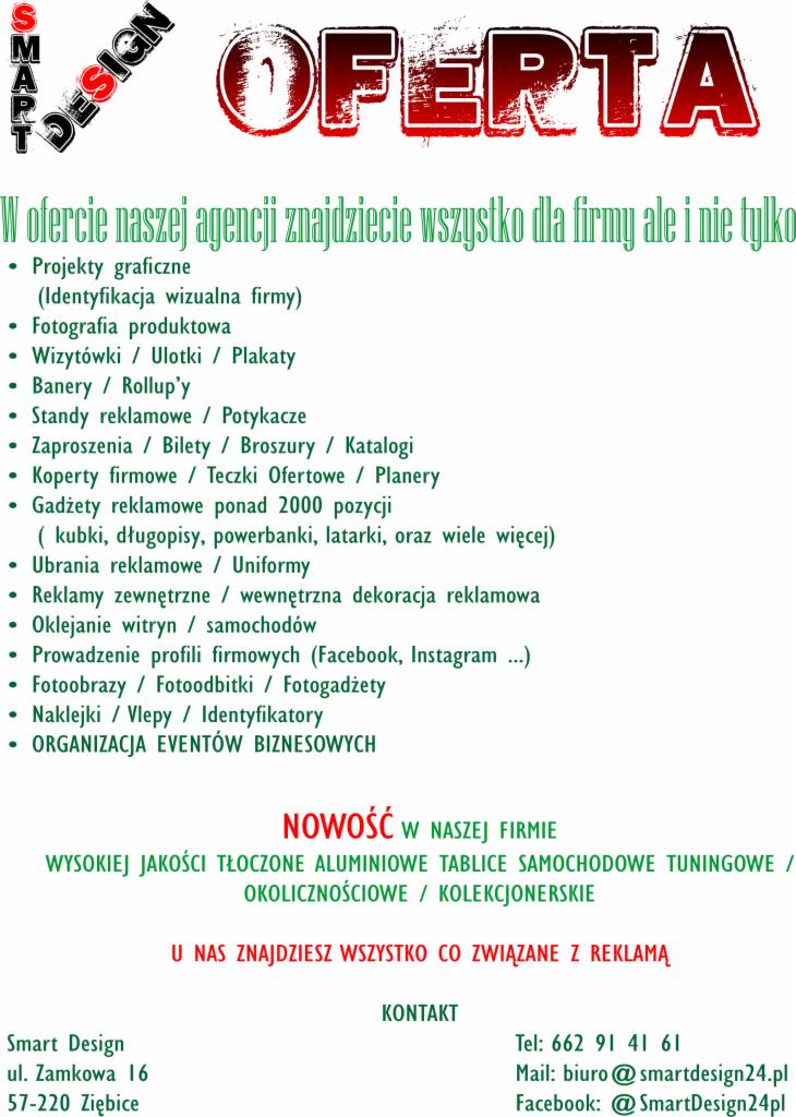 Plakat reklamowy agencji oferującej szeroki zakres usług dla firm, w tym projekty graficzne, identyfikację wizualną, druk materiałów reklamowych i gadżetów, z wyszczególnieniem oferty oraz danymi...