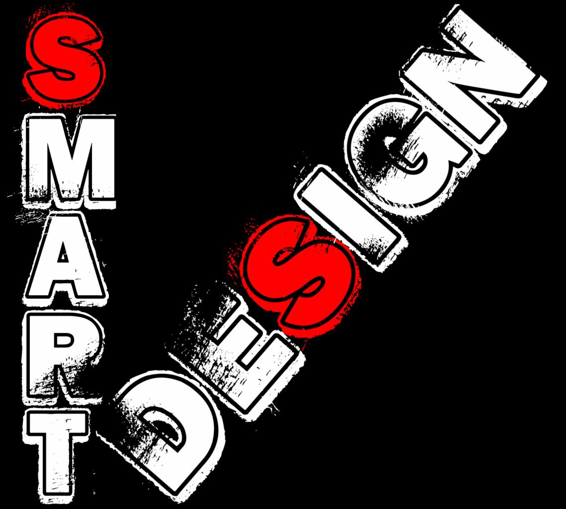 Graficzne przedstawienie napisu 'SMART DESIGN' z efektem grunge, litery białe z czerwonymi akcentami na czarnym tle.