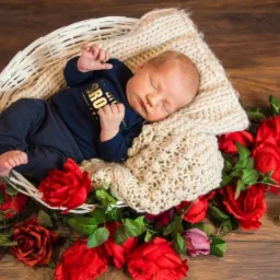 Śpiący noworodek w koszyku wyłożonym kremowym pledem, otoczonym czerwonymi różami na drewnianym tle. Fotografia wykonana w Ostrowcu Świętokrzyskim.