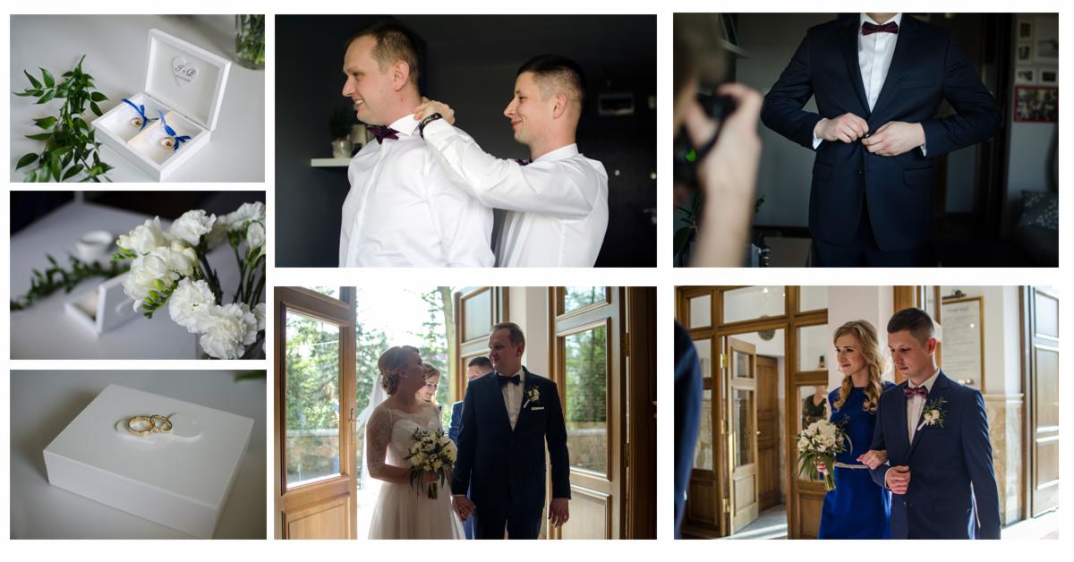 Kolaż zdjęć ślubnych: detale przygotowań, pudełko na obrączki z inicjałami, bukiet kwiatów, panna młoda z bukietem wchodząca do sali w towarzystwie pana młodego i świadków.