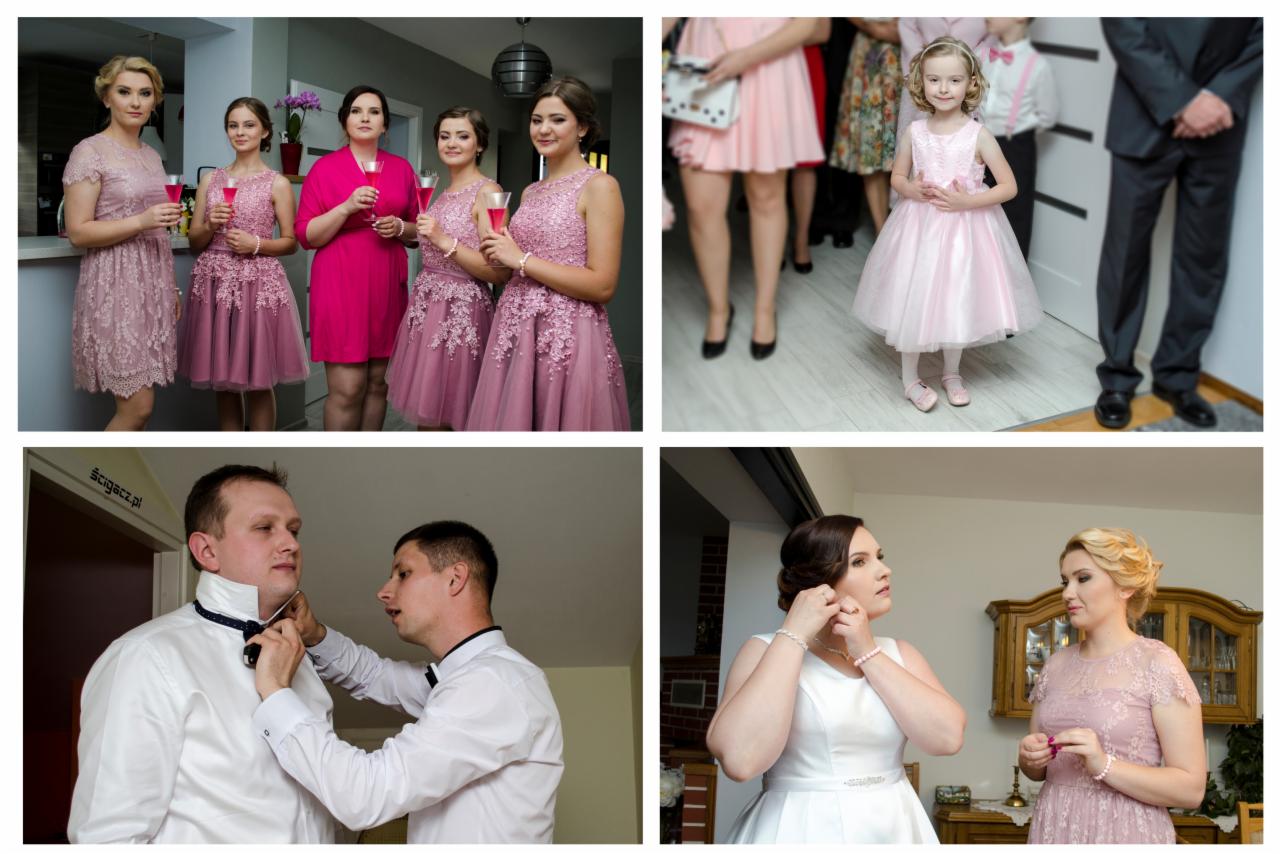 Kolaż z czterech zdjęć: druhny w różowych sukienkach z kieliszkami, dziewczynka w różowej sukience, mężczyzna poprawiający muszkę pana młodego, panna młoda zakładająca kolczyki z świadkową.
