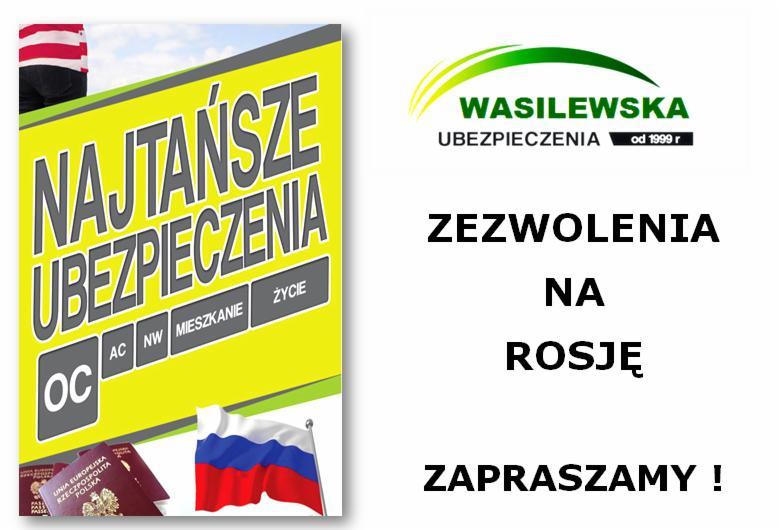 Ulotka reklamowa agencji ubezpieczeniowej z hasłem 'Najtańsze ubezpieczenia', flagą Rosji i paszportami, oferującej zezwolenia na Rosję.