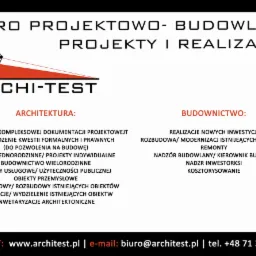 Logo biura projektowo-budowlanego Archi-Test z elementami graficznymi i tekstem informacyjnym o architekturze i budownictwie, obejmującym realizacje nowych inwestycji, remonty, nadzór budowlany...