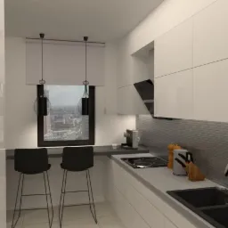 Wizualizacja nowoczesnej kuchni z białymi szafkami, czarnym zlewem i płytą grzewczą, widok na miasto za oknem z roletą rzymską i dwoma czarnymi lampami wiszącymi, dwa czarne hokery przy blacie.