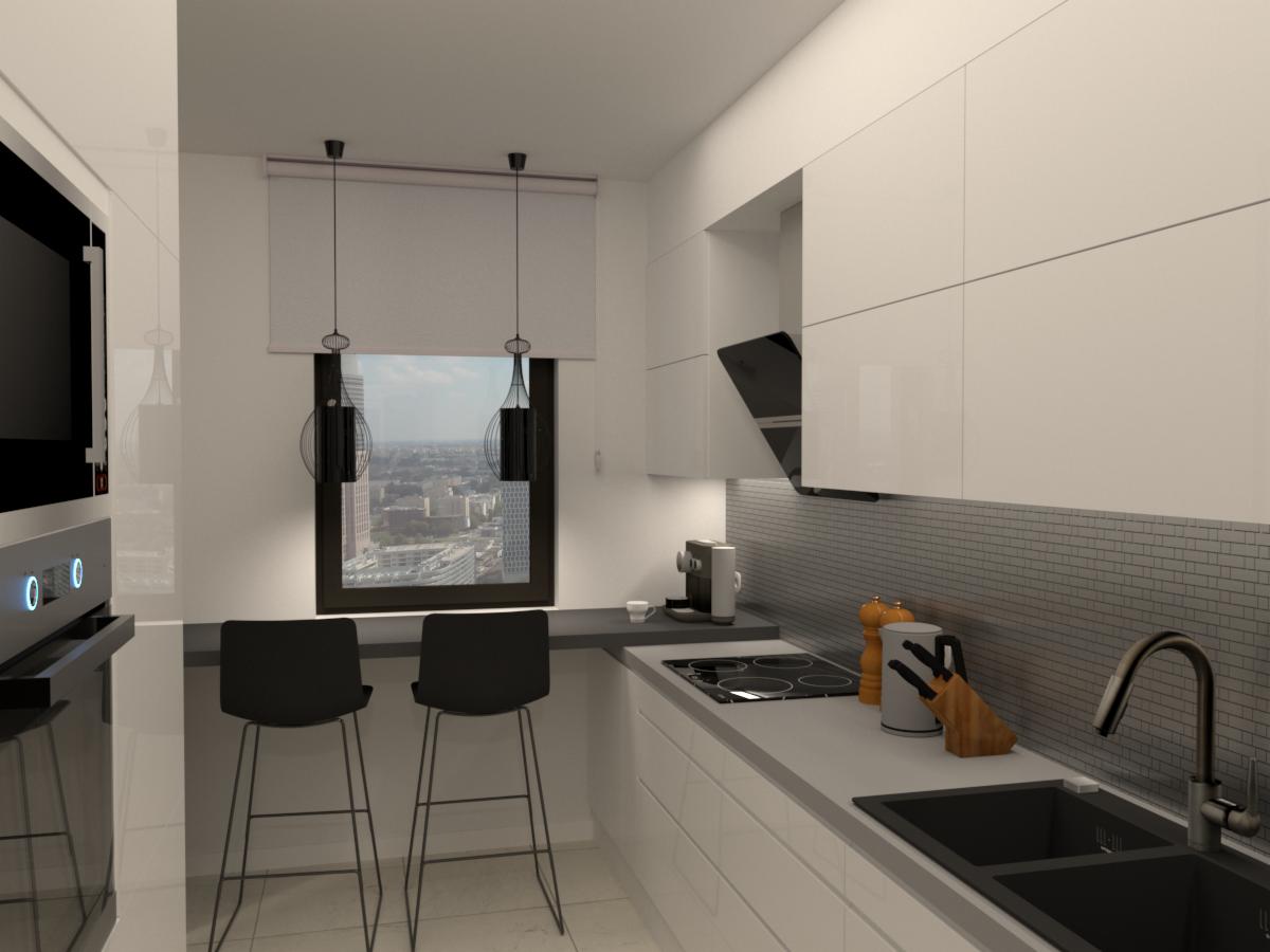 Wizualizacja nowoczesnej kuchni z białymi szafkami, czarnym zlewem i płytą grzewczą, widok na miasto za oknem z roletą rzymską i dwoma czarnymi lampami wiszącymi, dwa czarne hokery przy blacie.