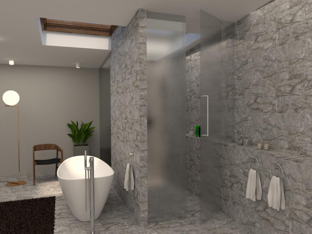 Nowoczesna łazienka z wolnostojącą wanną, szklaną kabiną prysznicową i ścianami wyłożonymi płytkami imitującymi kamień, oświetlona lampą podłogową z kulistym kloszem.