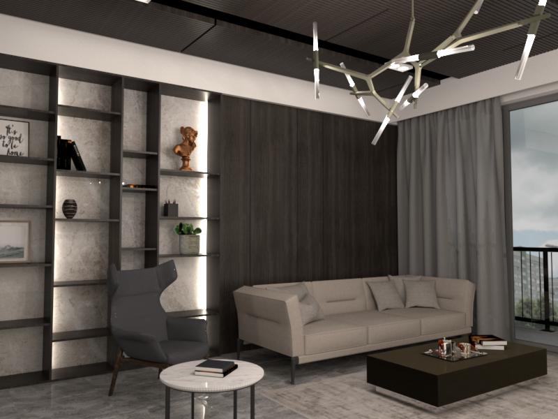 Nowoczesny salon z szarą biblioteczką z podświetleniem, beżową sofą i awangardowym żyrandolem w kształcie rozgałęzionych gałęzi.