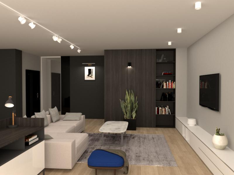 Wizualizacja salonu z narożną sofą, marmurowym stolikiem kawowym, regałem z książkami i telewizorem na ścianie, oświetlonego reflektorami szynowymi i lampkami punktowymi.