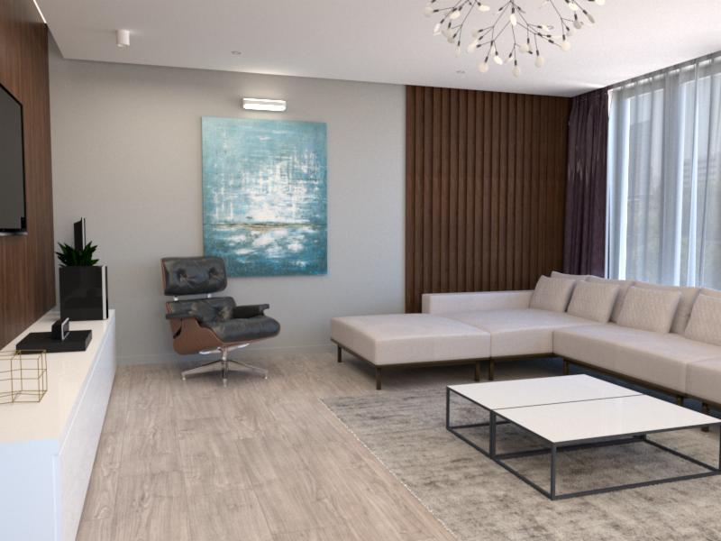 Nowoczesny salon z beżową sofą narożną, abstrakcyjnym obrazem w odcieniach błękitu i fotelem Eames na tle drewnianej ściany z lamelami.